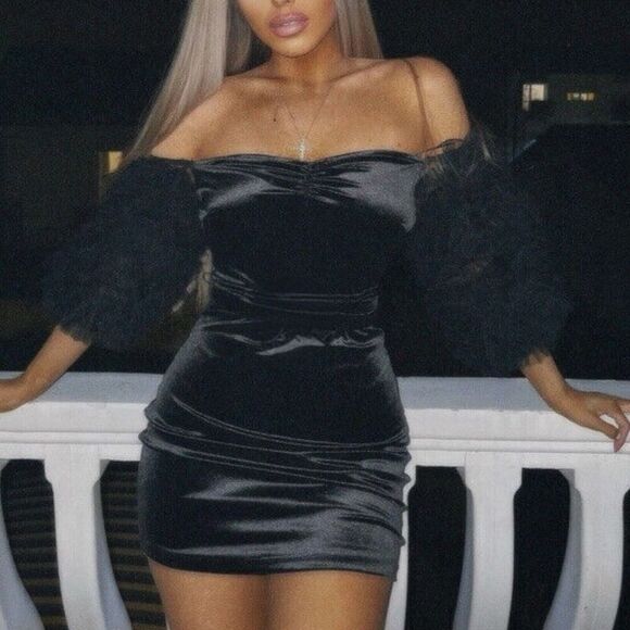 ZARA Dress S Black Velvet Tulle Balloon Sleeves 8351/253 FW22 Mini Off Shoulder - Picture 1 of 16